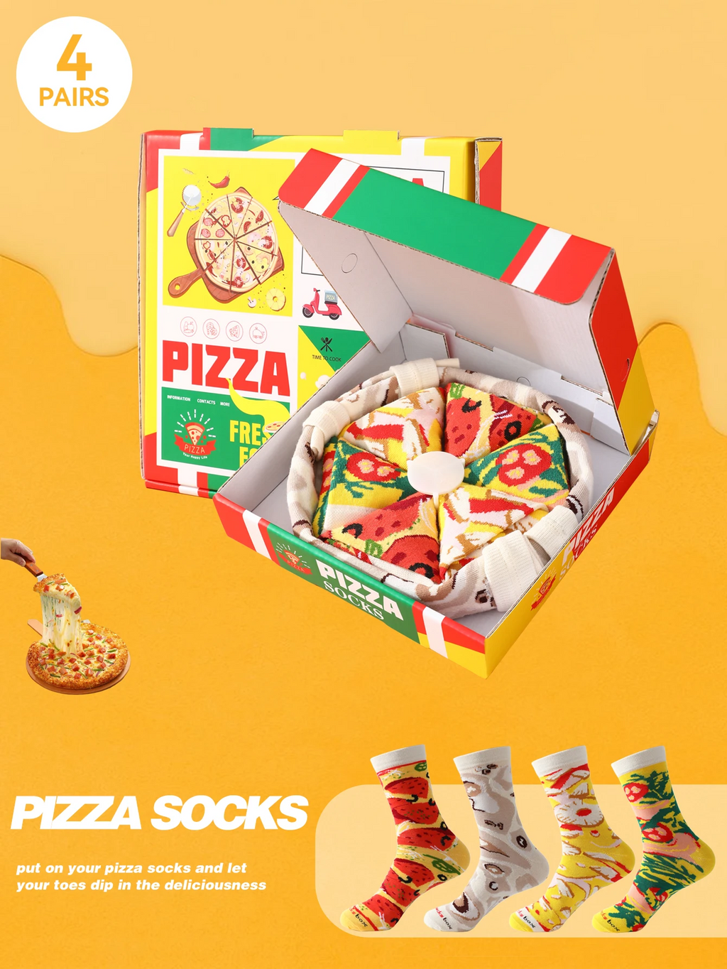 4 pairs of Pizza Socks - A gift for any occasion